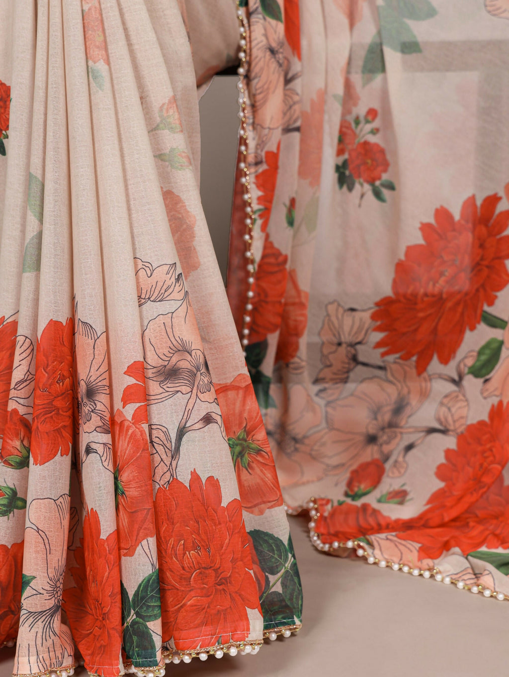 Vastranavya Off White Weightless Marble and Floral Printed Georgette Saree with Unstitched Blouse - Distacart