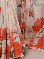 Vastranavya Off White Weightless Marble and Floral Printed Georgette Saree with Unstitched Blouse - Distacart