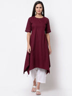 Myshka Women's Pure Cotton 3/4 Sleeve Round Neck Casual Maroon Dress