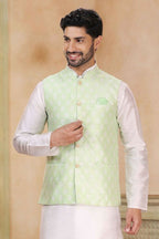 Raivat Ethnic Jacquard Banarasi Silk Woven Work 3 Pics Jacket Set In Pista Green Colour - Distacart