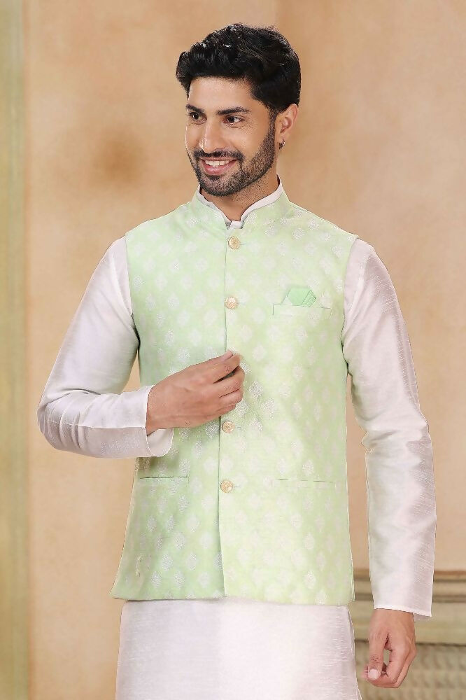 Raivat Ethnic Jacquard Banarasi Silk Woven Work 3 Pics Jacket Set In Pista Green Colour - Distacart