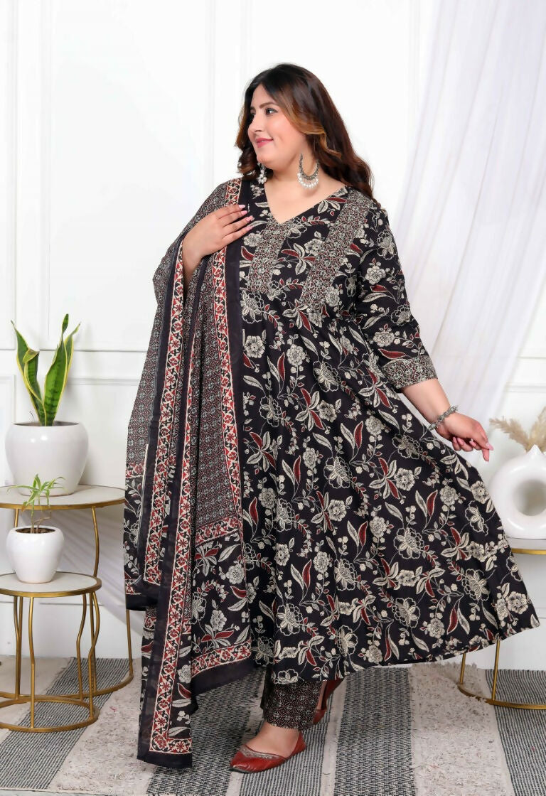 Miravan Women's Plus Size Embroidered Multi Anarkali Kurta with Palazzo and Dupatta Set