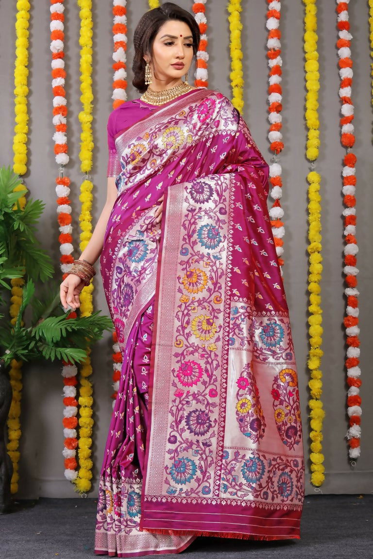 Jyoti Fashion Women's Magenta Banarasi Silk Zari Woven Saree with Blouse