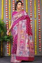 Jyoti Fashion Women's Magenta Banarasi Silk Zari Woven Saree with Blouse