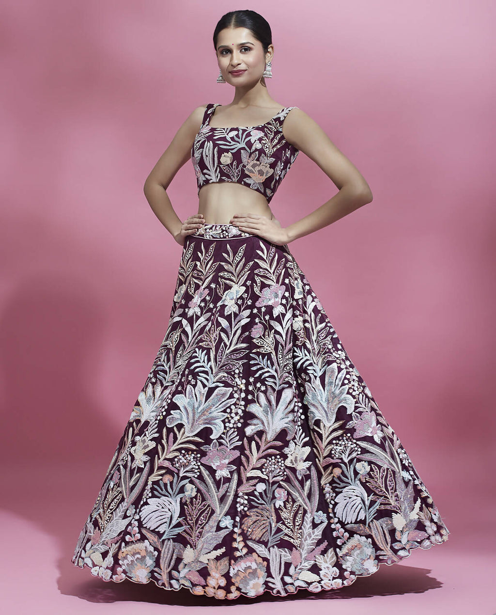 House of Panchhi Burgundy Net Sequinse Work Lehenga & Blouse with Dupatta
