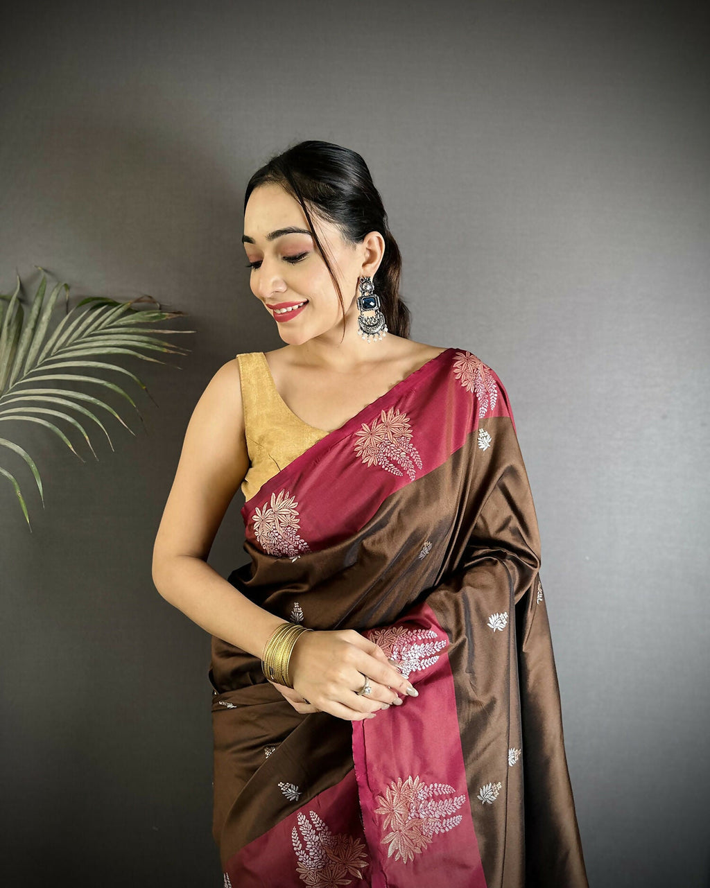 Joban Fashion Brown Small Butti Soft Silk Banarasi Saree - Distacart