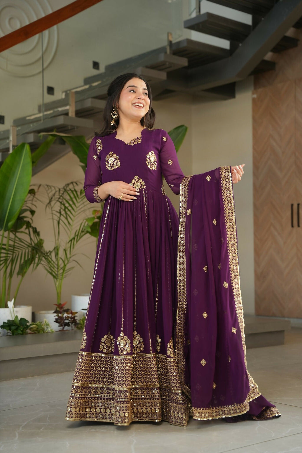 Joban Fashion Wine Georgette Sequence Embroidery Work Kurta Set - Distacart