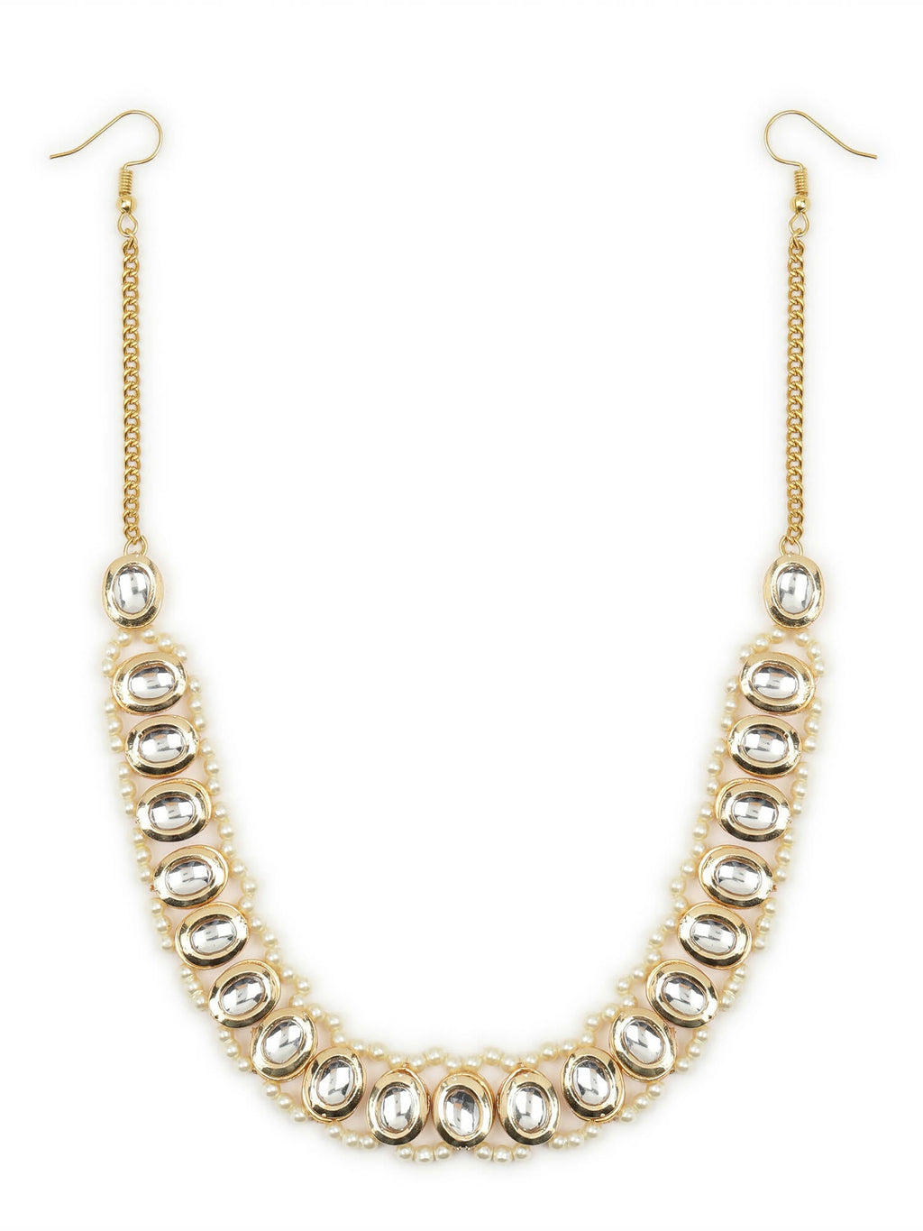 Gold-Plated White Kundan-Studded Pearl Beaded Hair Band - Ruby Raang - Distacart