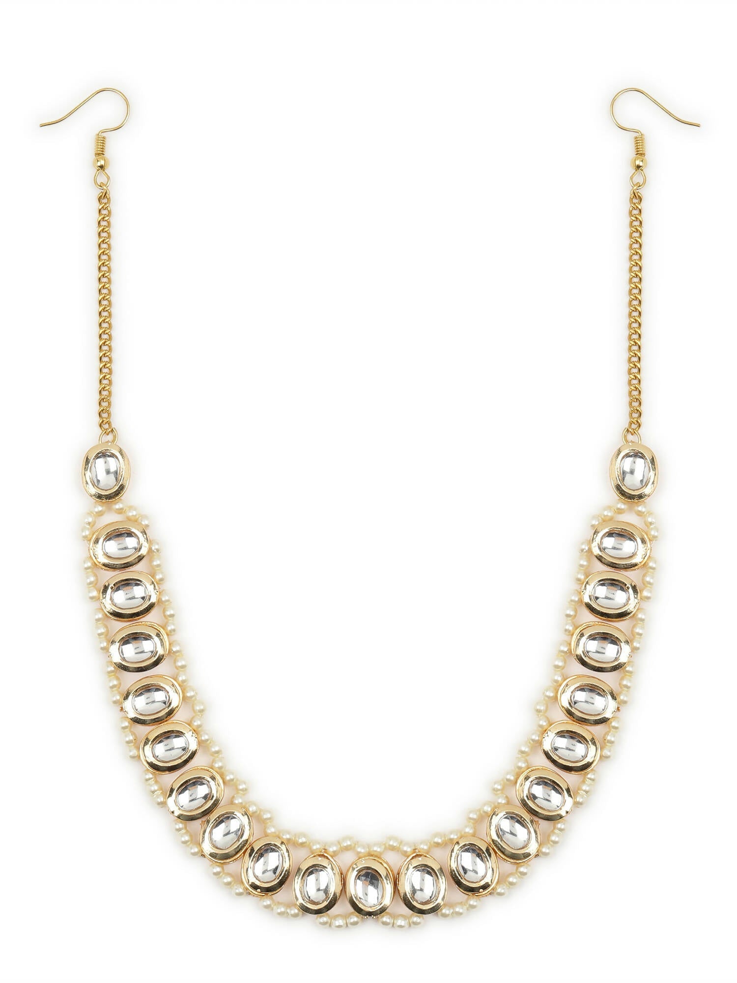 Gold-Plated White Kundan-Studded Pearl Beaded Hair Band - Ruby Raang - Distacart