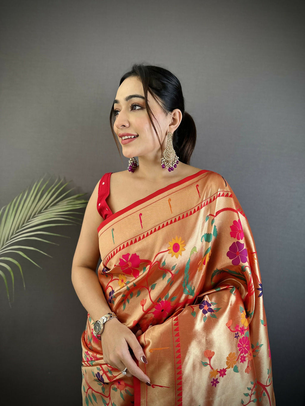 Joban Fashion Pastel Red Floral & Bird Motifs Soft Silk Paithani Saree - Distacart