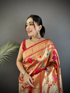 Joban Fashion Pastel Red Floral & Bird Motifs Soft Silk Paithani Saree - Distacart