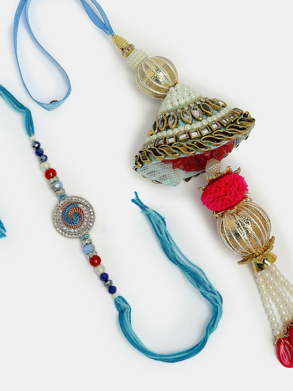 NVR Women & Men Set of 2 Blue Kundan-Studded & Beaded Bhaiya Bhabhi Rakhi With Roli Chawal - Distacart