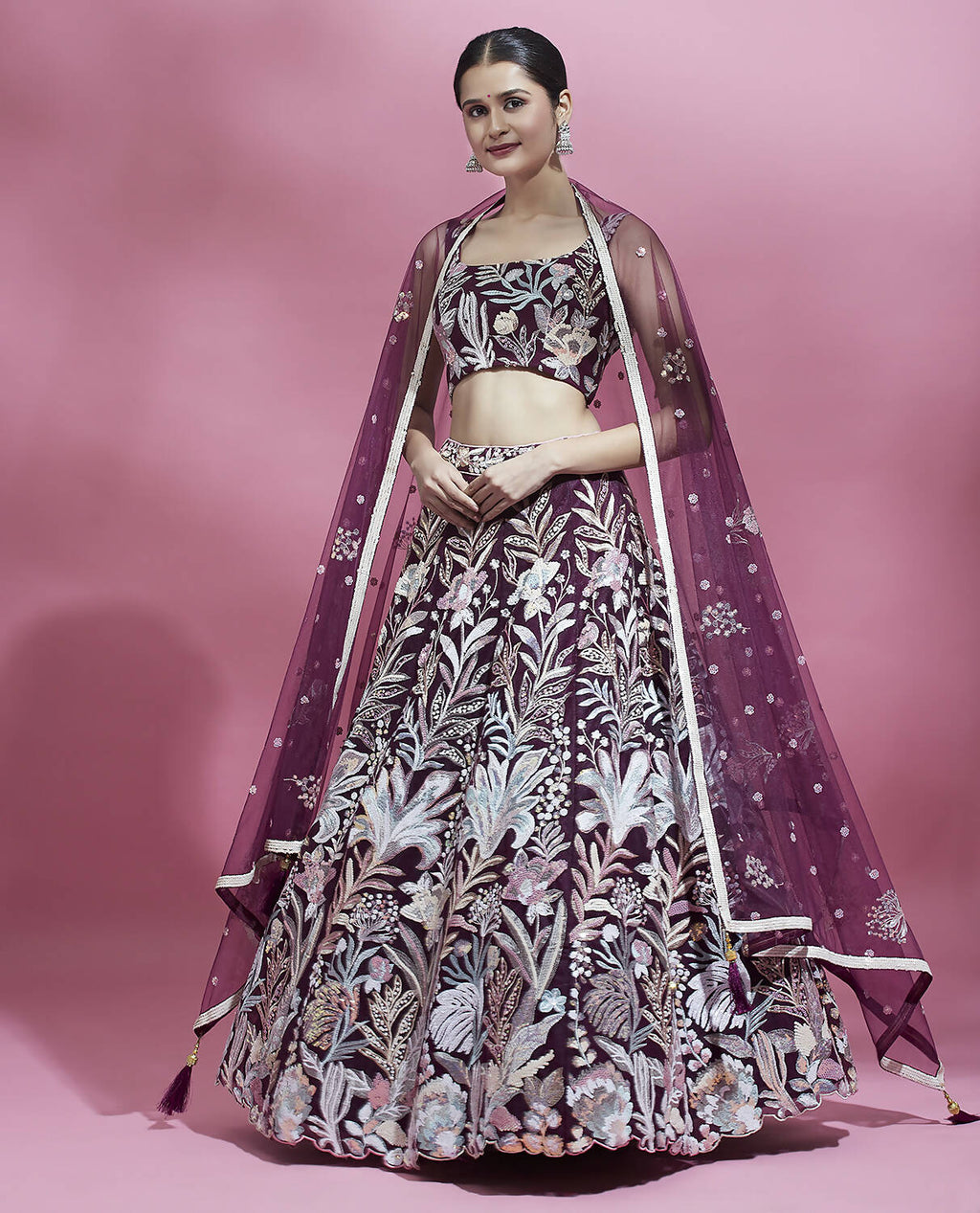 House of Panchhi Burgundy Net Sequinse Work Lehenga & Blouse with Dupatta