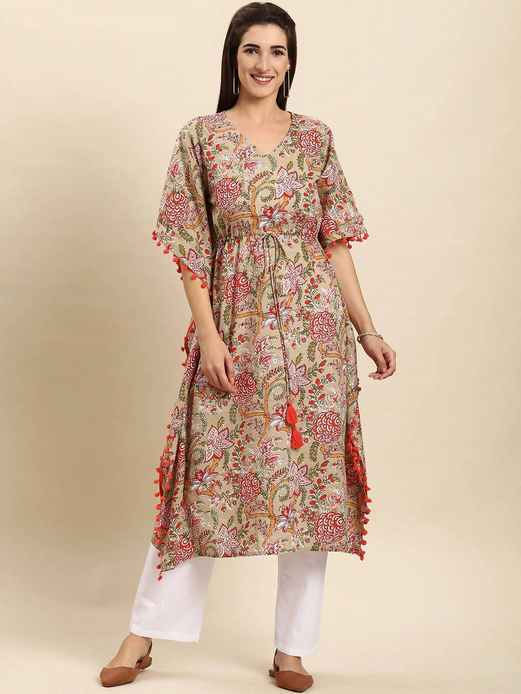 Janasya Beige & Pink Floral Printed Floral Kaftan Kurta - Distacart