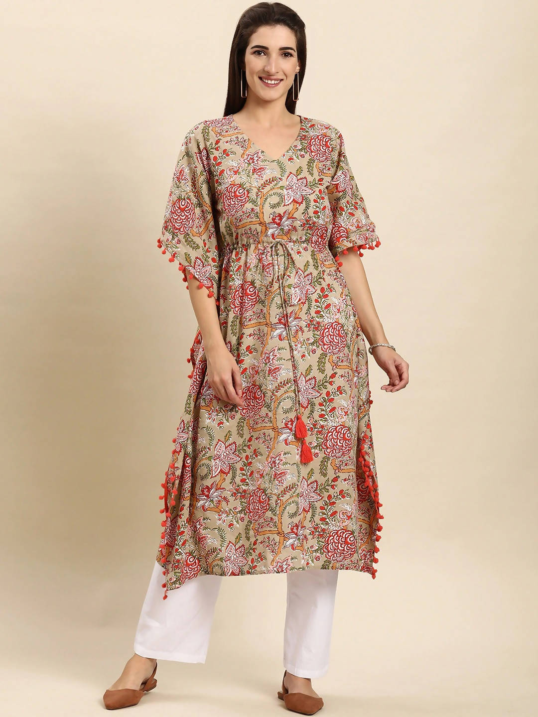 Janasya Beige & Pink Floral Printed Floral Kaftan Kurta - Distacart
