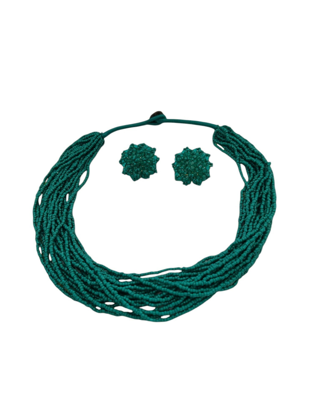 Inhanns Vibrant Handmade 20 Layers Beaded Necklace With Matching Earrings - Sea Green