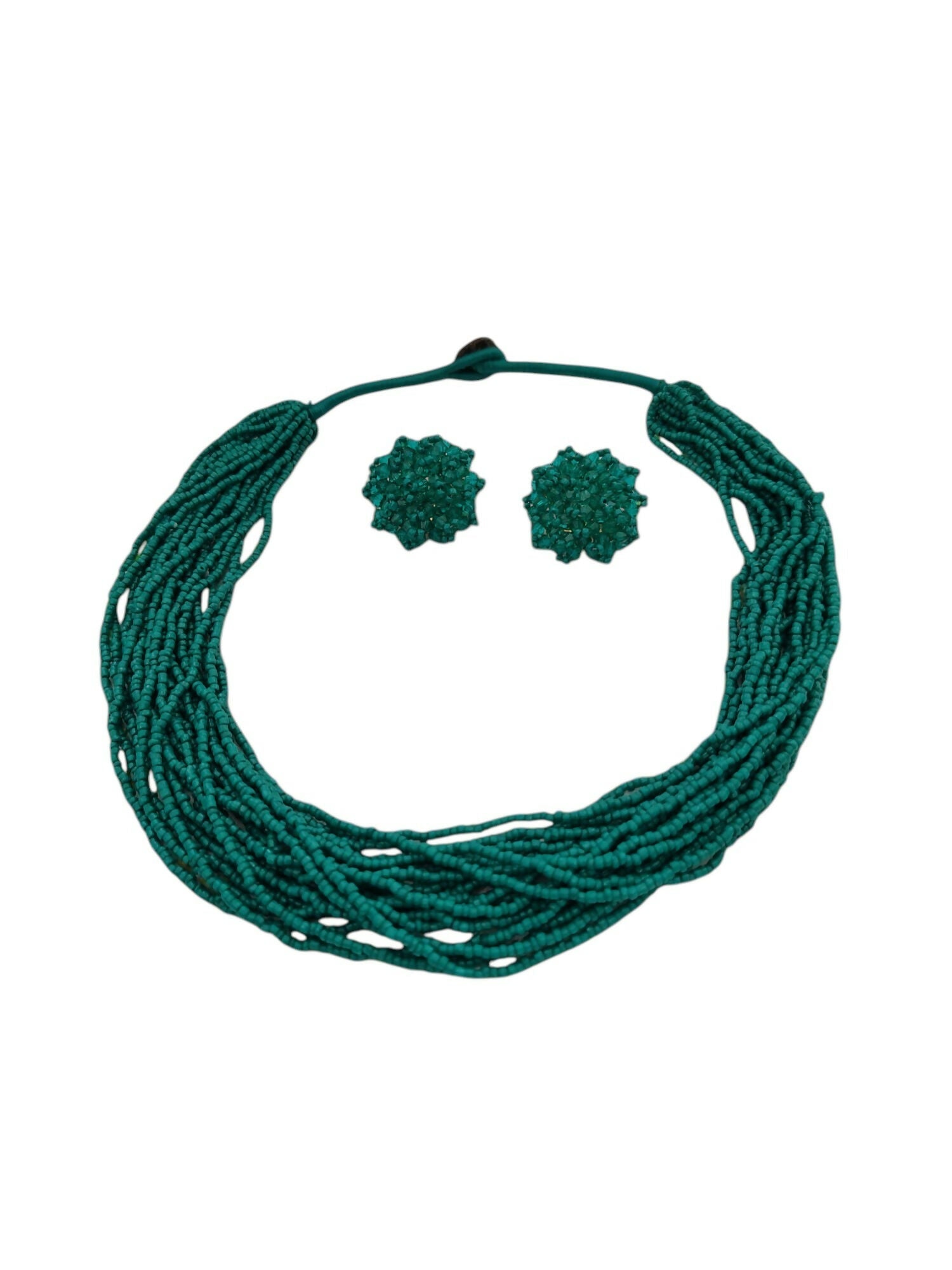 Inhanns Vibrant Handmade 20 Layers Beaded Necklace With Matching Earrings - Sea Green