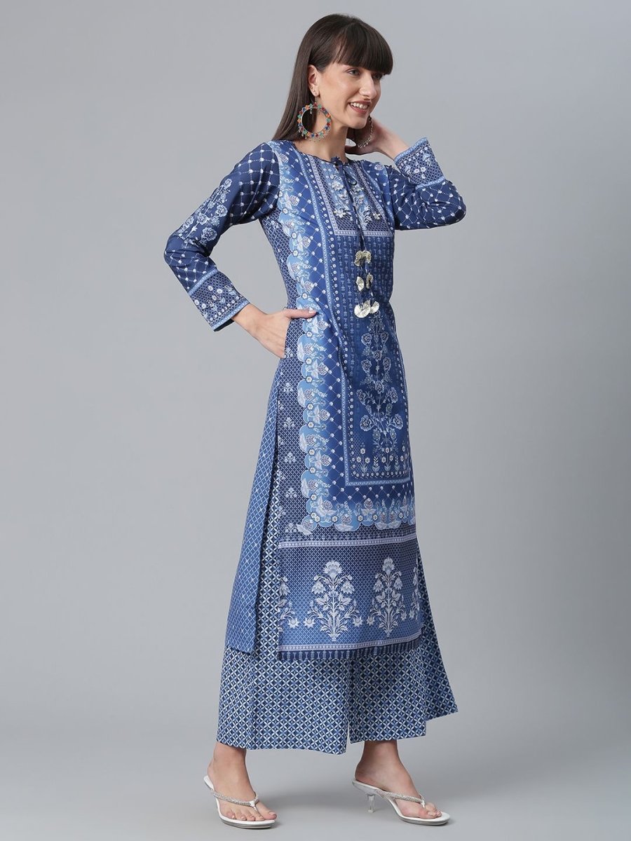 Ahalyaa Women Navy Blue Crepe Floral Print kurta With Palazzo