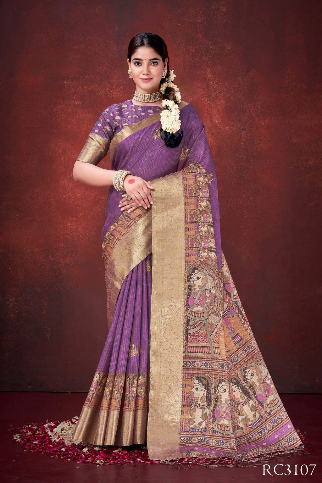Purple Poly Habotai Silk Foil Print Saree with Unstitched Blouse - Kathari