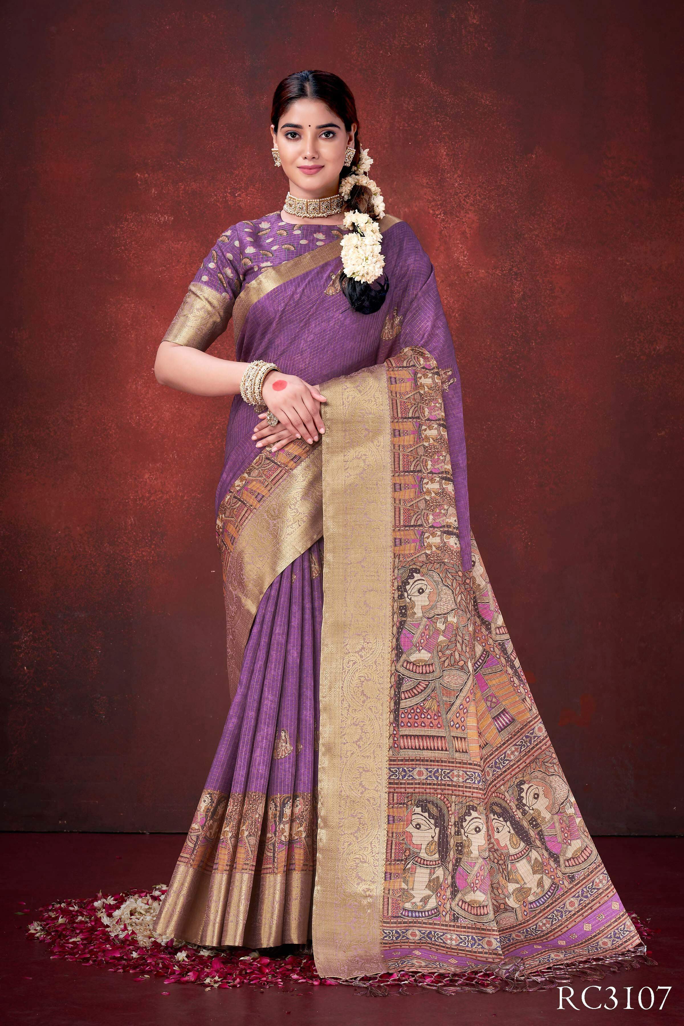 Purple Poly Habotai Silk Foil Print Saree with Unstitched Blouse - Kathari