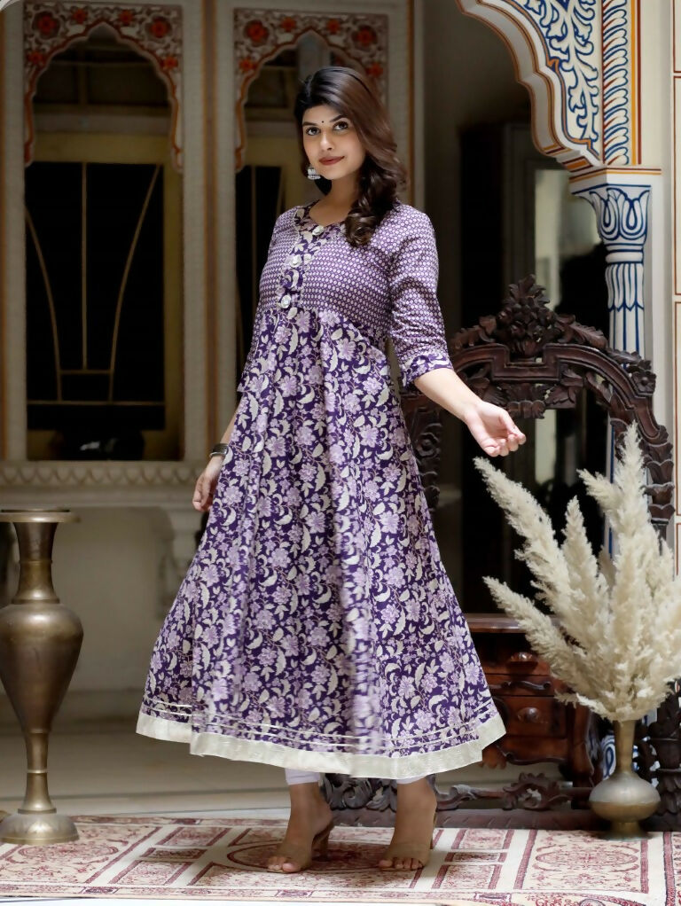 Miravan Women's Purple Cotton Floral Gota Lace Work Anarkali Kurta