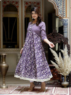 Miravan Women's Purple Cotton Floral Gota Lace Work Anarkali Kurta