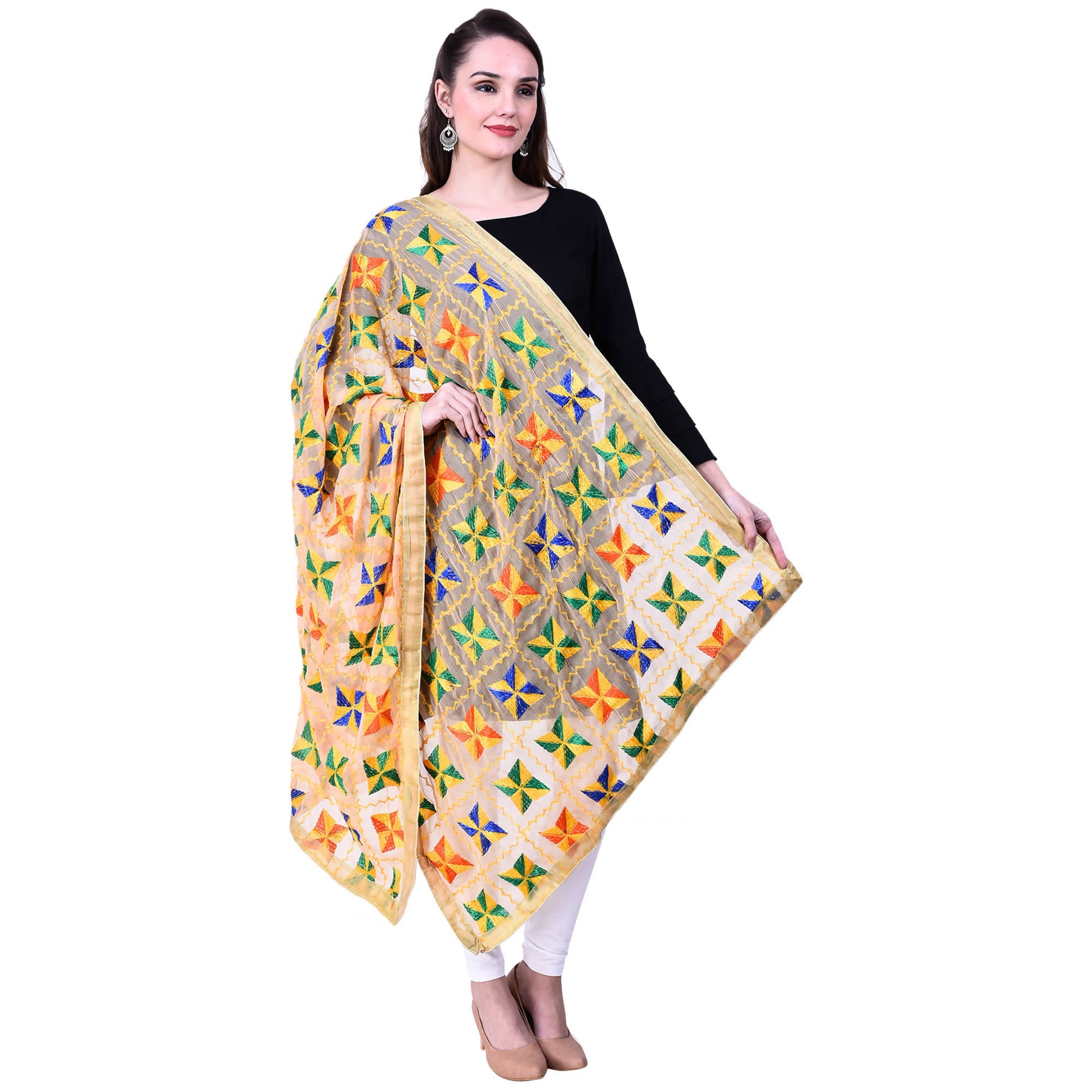 SWI Stylish Women's Embroidered Phulkari Chiffon Beige Dupatta