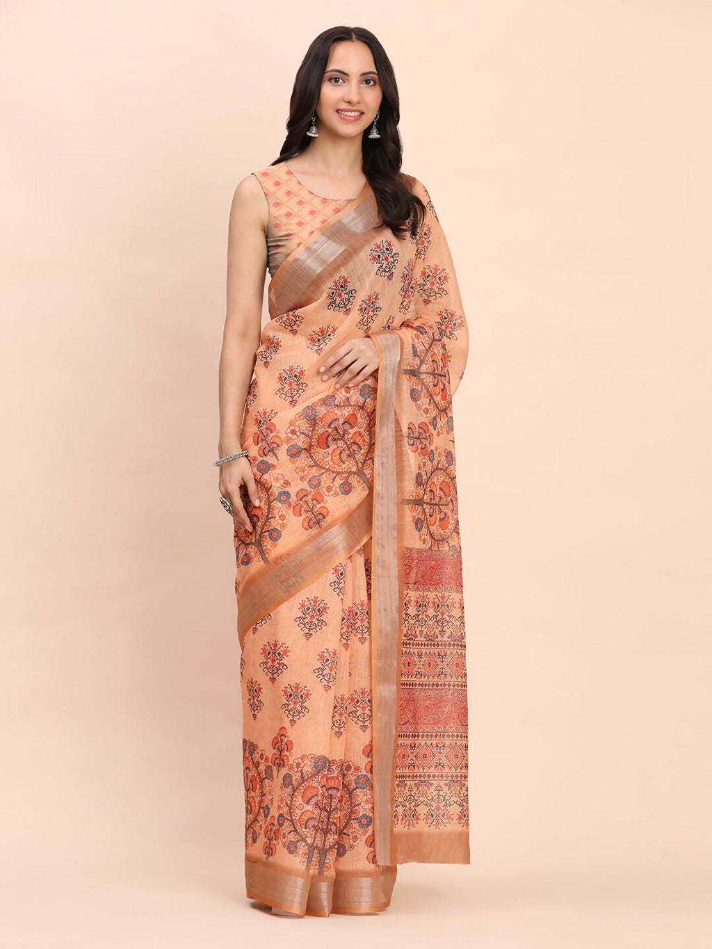 Shree Shyam Fashion Linen Cotton Orange Saree - Distacart