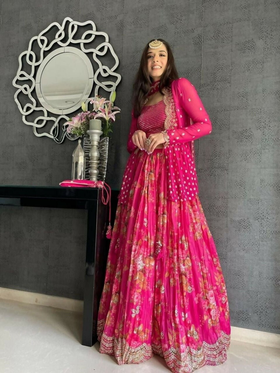 Jyoti Fashion Pink Jari with Sequin Embroidered Georgette Semi Lehenga Choli with Dupatta