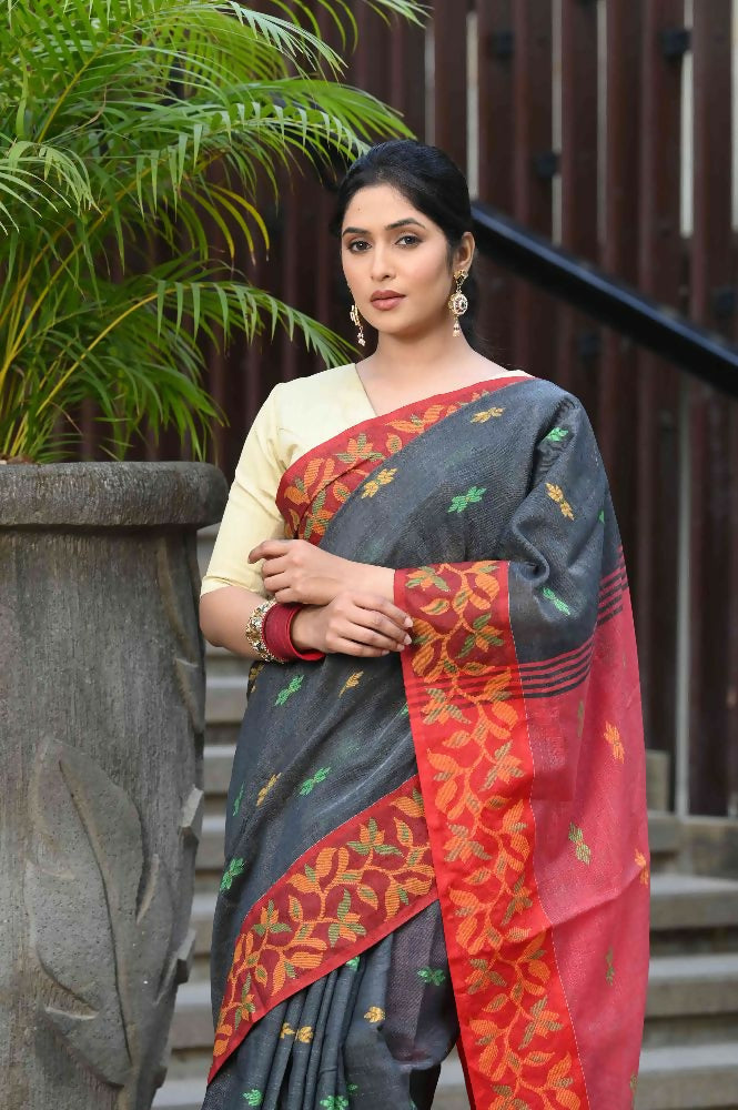 Beatitude Grey Slub Cotton Floral Jamdani Saree