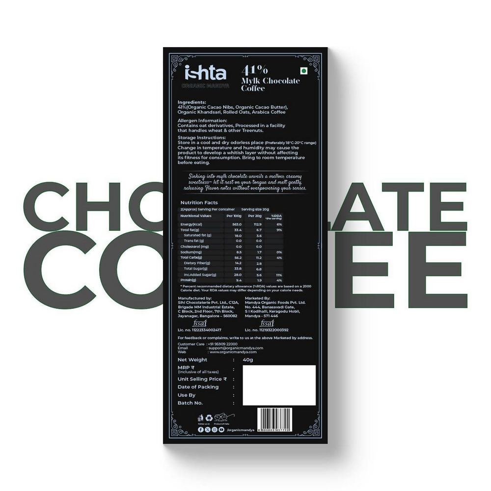 Organic Mandya 41% Mylk Chocolate with coffee - Distacart