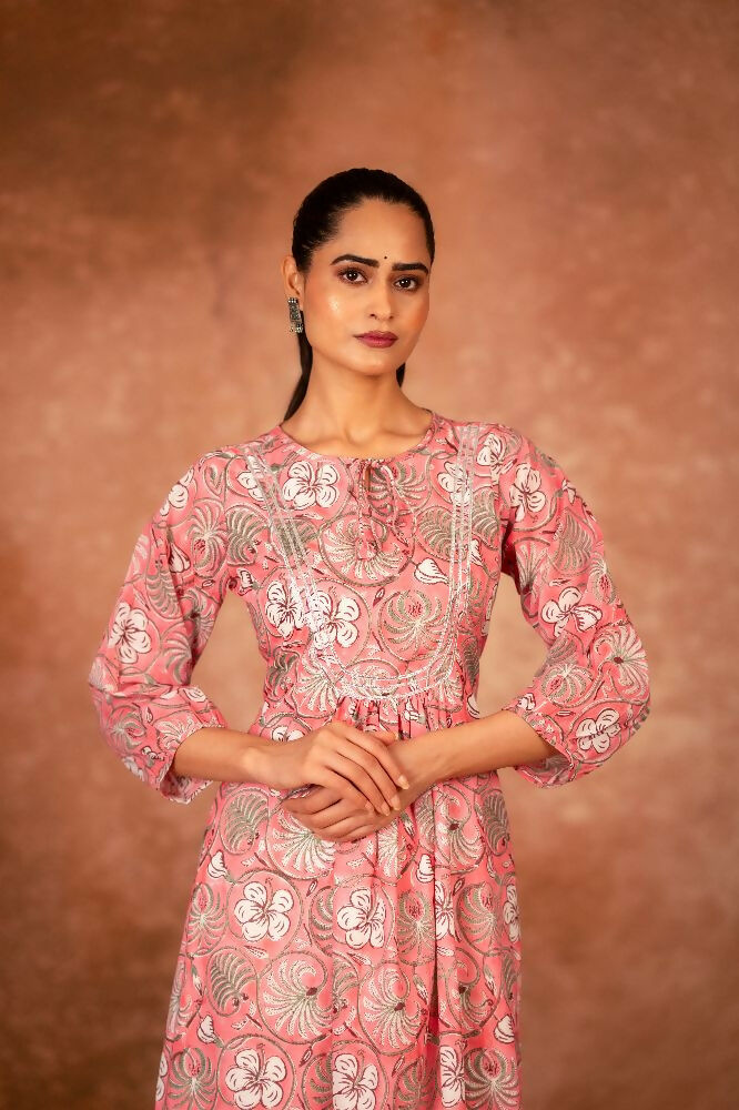 Joban Fashion Pink Floral Hand Block Printed Cotton Kurta Pant Set - Distacart
