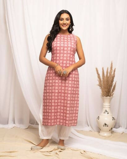 FIORRA Women's Floral Printed Pink Cotton Straight Kurta