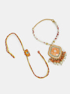NVR Women & Men Set of 2 Peach Lotus Shape Kundan Stone-Studded & Beaded Bhaiya Bhabhi Rakhi With Roli Chawal - Distacart