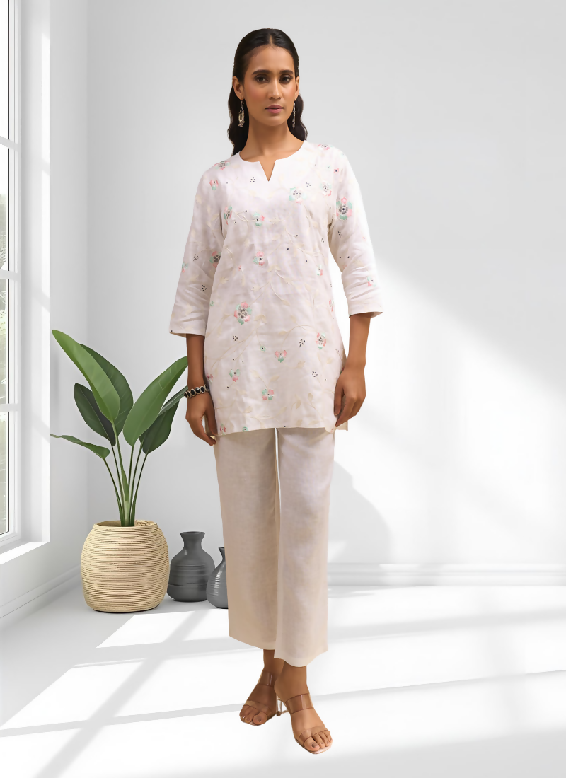 Joban Fashion Off White Linen Embroidered Readymade Cord Set - Distacart