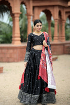 Vastranavya Navaratri Collection Myra Silk Lehenga & Blouse With Maslin Crochet Printed Dupatta Set - Black