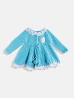 Chutput Kids Woollen Hand Knitted Full Sleeves Flower Work Dress For Baby Girls - Blue