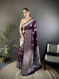 Joban Fashion Wine Floral Motifs Soft Silk Banarasi Saree - Distacart