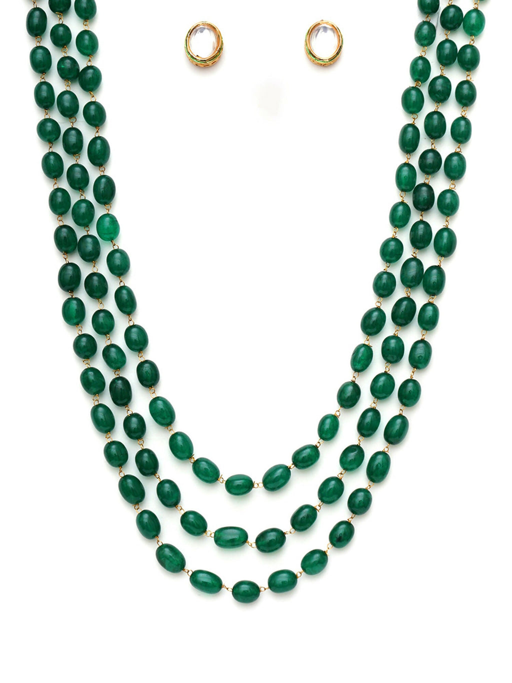 Long Layered Green Neckpiece wtih Kundan Studs Jewellery Set (Green) - Ruby Raang