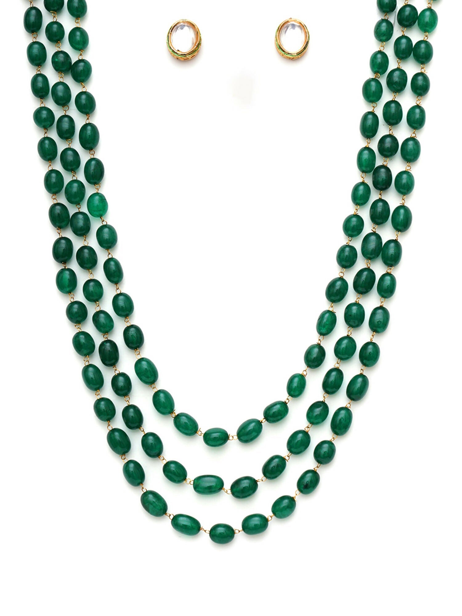 Long Layered Green Neckpiece wtih Kundan Studs Jewellery Set (Green) - Ruby Raang