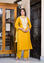 Juniper Women's Mustard Thread Embroidered Rayon Kurta Set