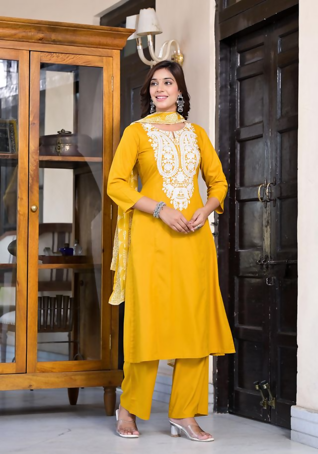 Juniper Women's Mustard Thread Embroidered Rayon Kurta Set