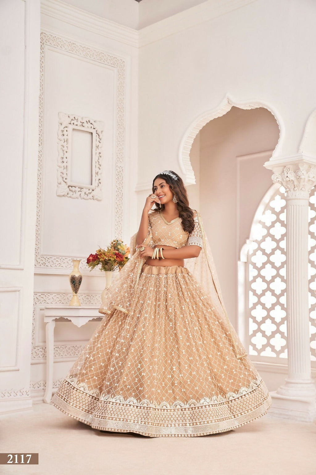 Eilara Women'S Pista Dusty Chiqu Net White Cotton Thread And Zari Sequence Embroidered Work Lehenga Choli For Party Wear