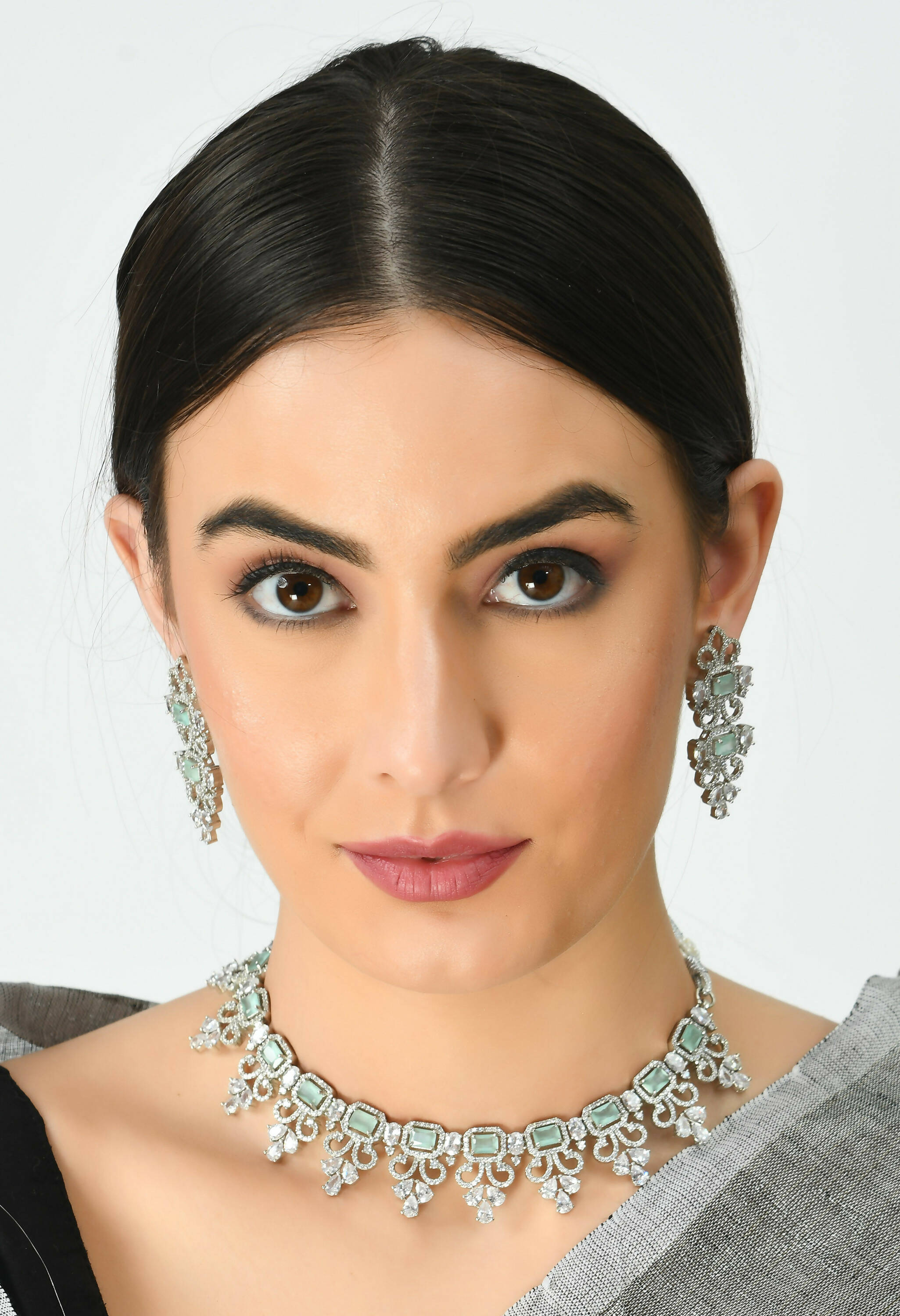 Mominos Fashion Johar Kamal Silver-Plated American Diamond Pista Green Choker Set - Distacart