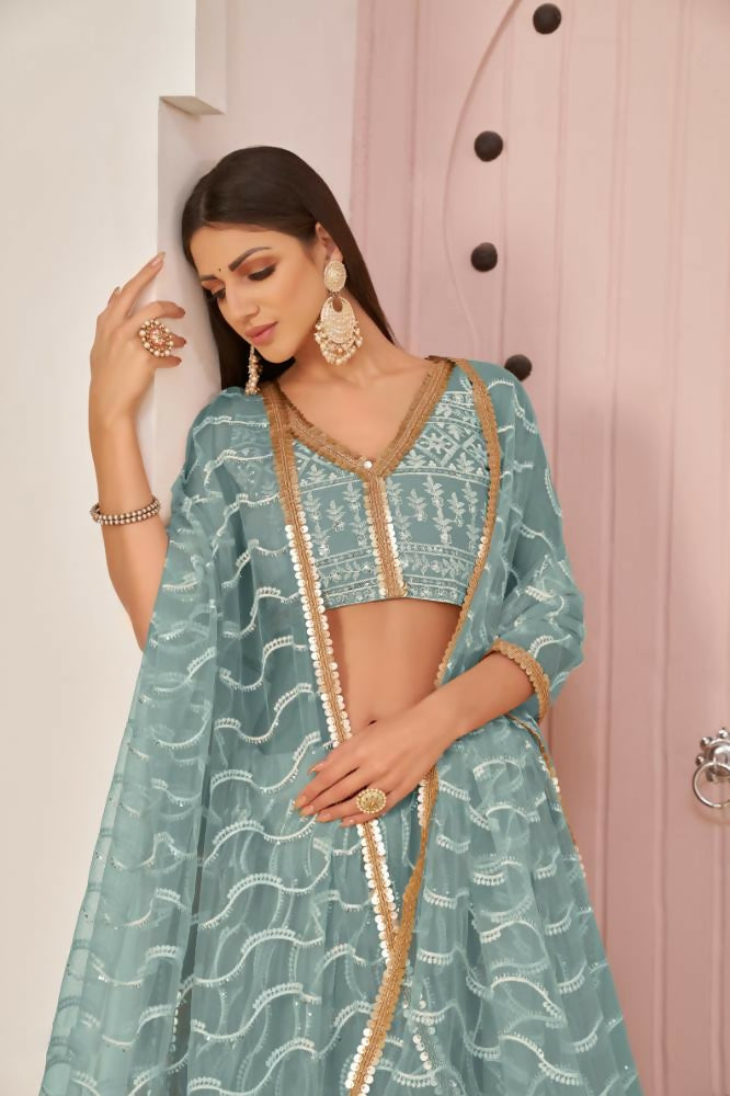 Aastha Fashion Ocean Blue Butterfly Net White Cotton Thread Work, Zari Work And Sandwich Sequence Work Embroidery Wedding Wear Lehenga Choli