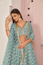 Aastha Fashion Ocean Blue Butterfly Net White Cotton Thread Work, Zari Work And Sandwich Sequence Work Embroidery Wedding Wear Lehenga Choli