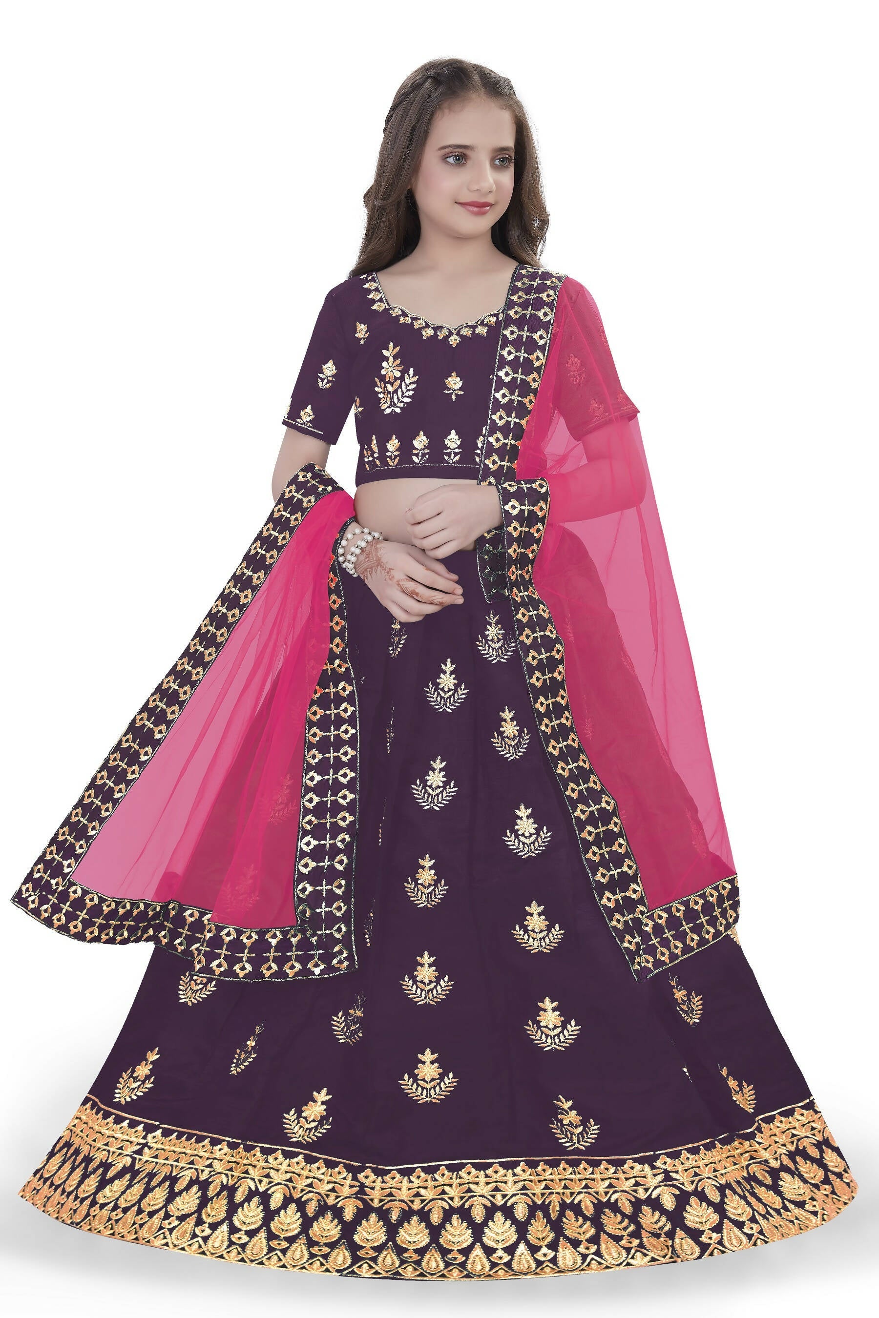 Dwiden Purple Kamal Tafetta Sattin Semi-Stitched Girl's Lehenga Choli
