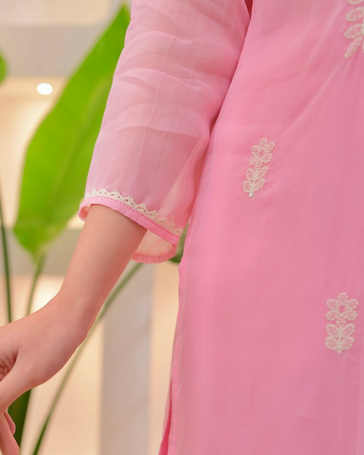 The52 Pink Women's Beautiful Chikankari Work Chanderi Fabric Straight Kurta Pant and Dupatta Set - Distacart