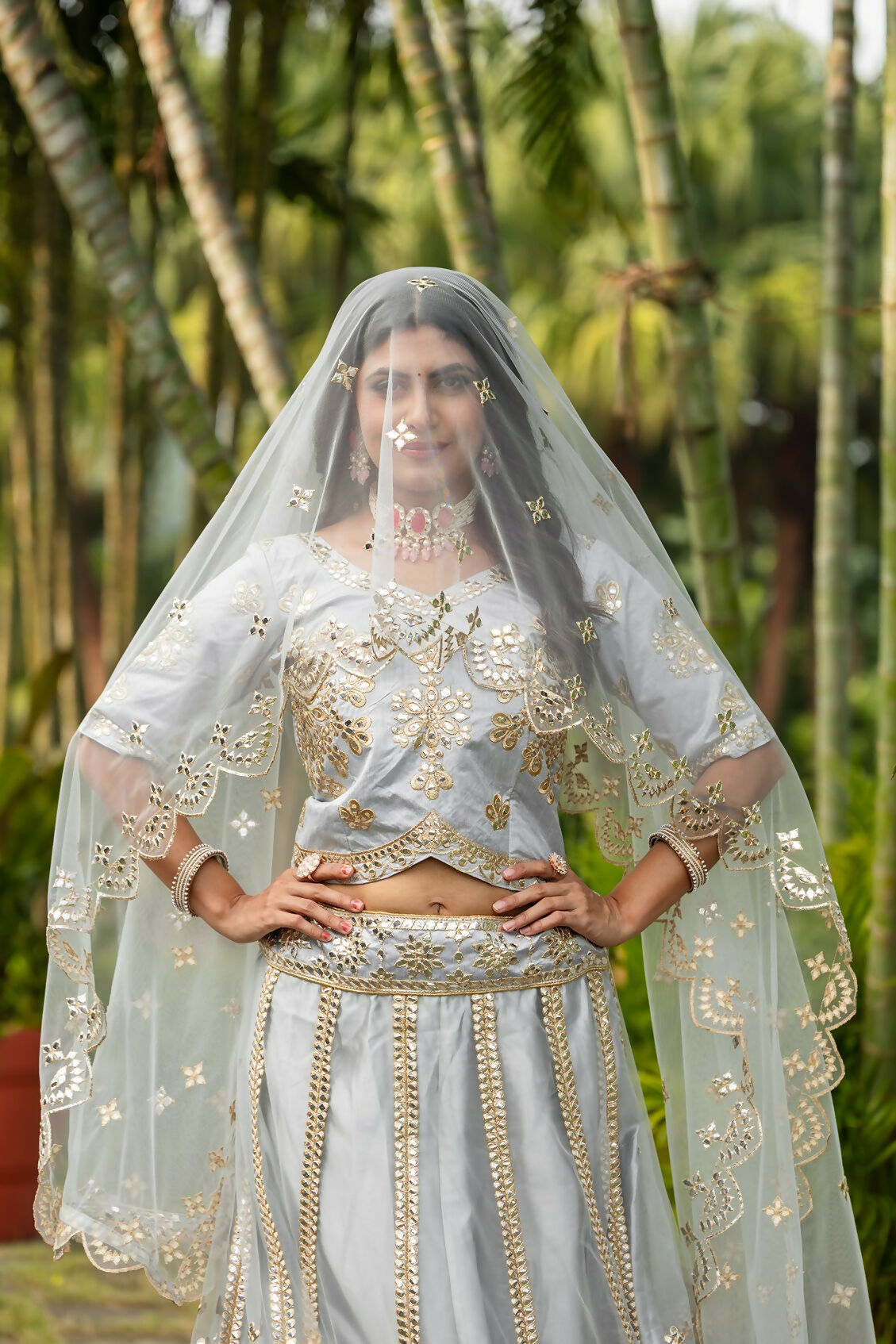 Eilara Glamorous Women'S Grey Zari With Paper Mirror Embroidered Net Fabric Lehenga Choli