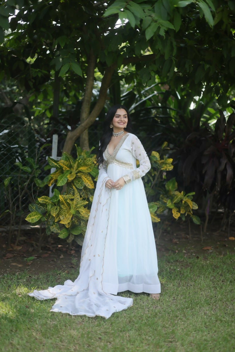 Jyoti Fashion Women's White Faux Blooming Sequins Zari Embroidered Anarkali Dress with Dupatta